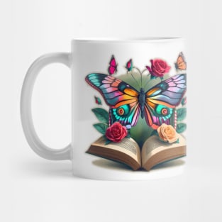 a book with a big beautiful butterfly and roses coming out of it Mug